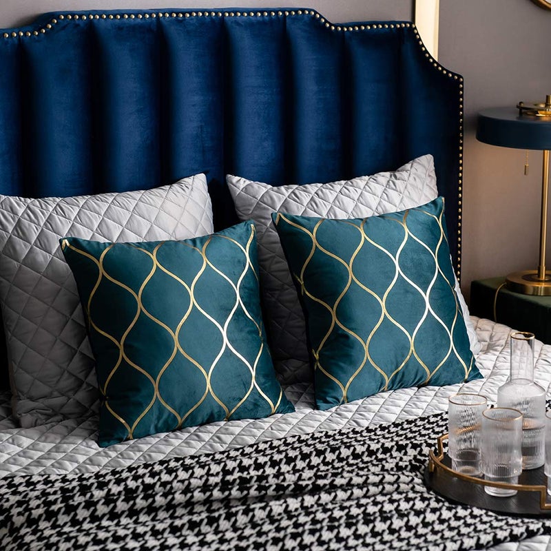 DEZENE 18x18 Inch Gold Velvet Throw Pillow Covers: 2 Pack Square Decorative Pillow Cases for Bedroom Sofa Couch Living Room, Teal Christmas - Image 5